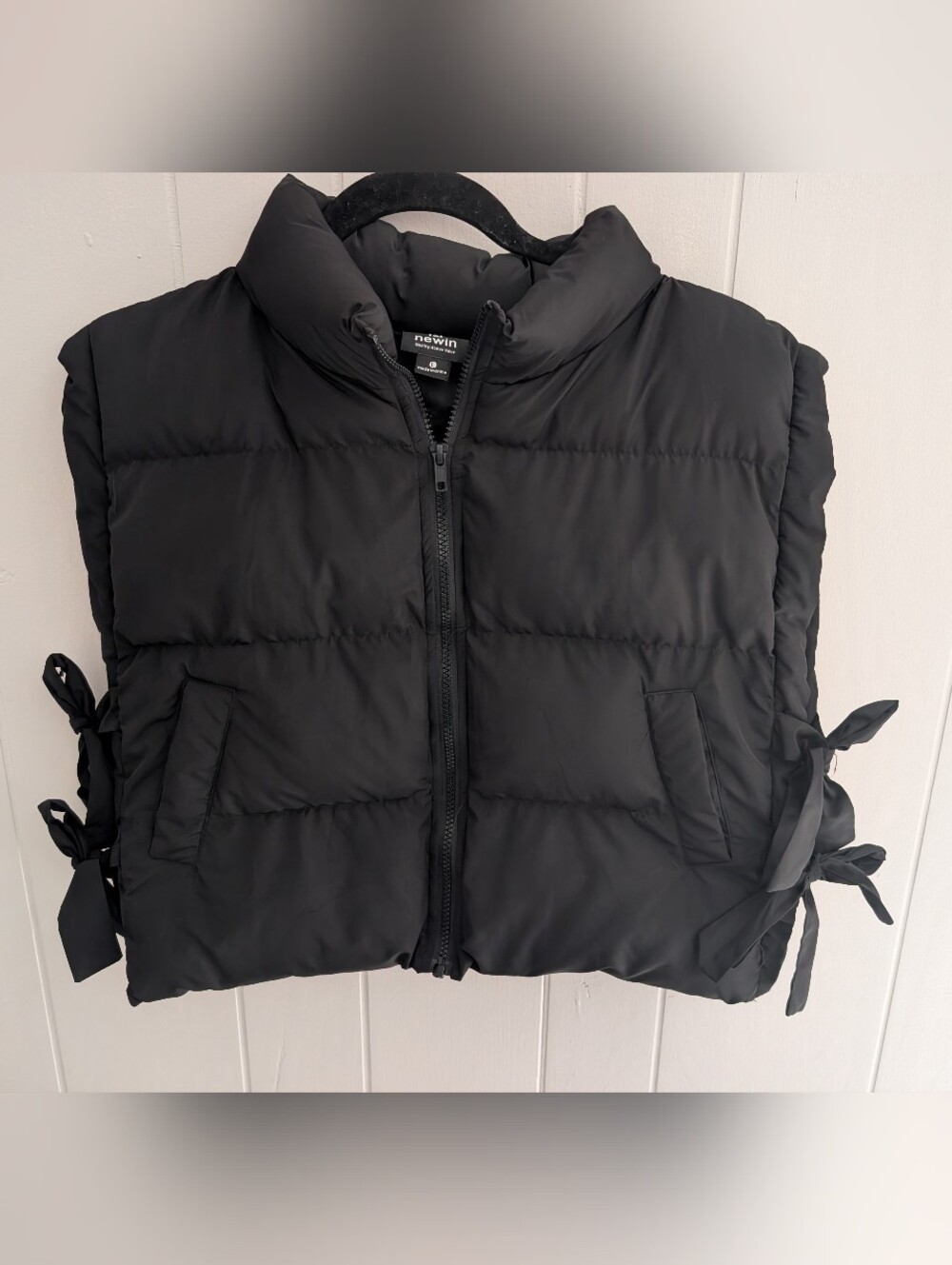 Newin Black Quilted Cropped  Puffer Vest with Side Tie Details